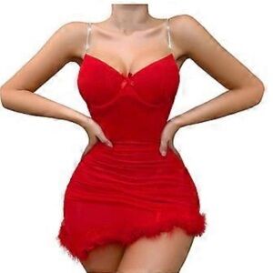 New Women Large Red Sheer Babydoll Chemise with Feather Trim